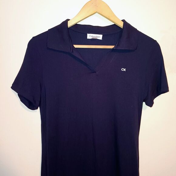 Calvin Klein Navy Polo Dress-Small-Stretch-Split Neck-Embroidered Logo-Classic - Picture 2 of 10